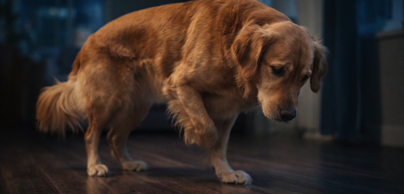Dog pacing at night with belly discomfort, showing signs of digestive distress
